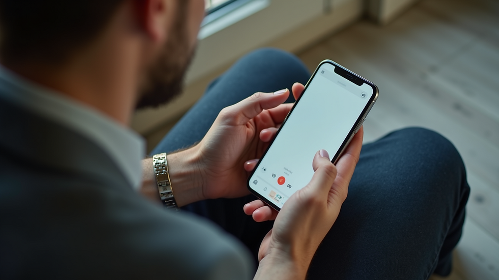 High angle view of a person using a smartphone with voice assistant activated