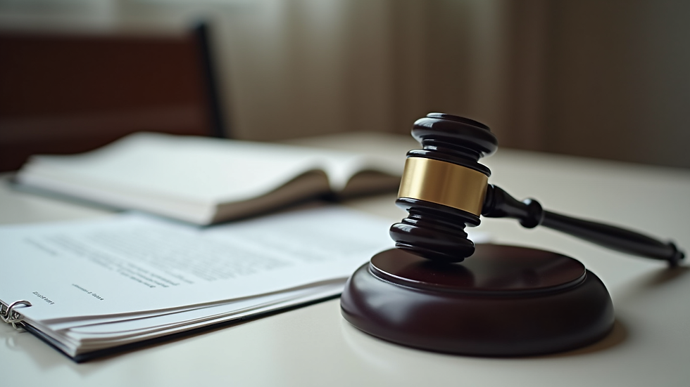 Close-up view of legal documents and a gavel on a desk