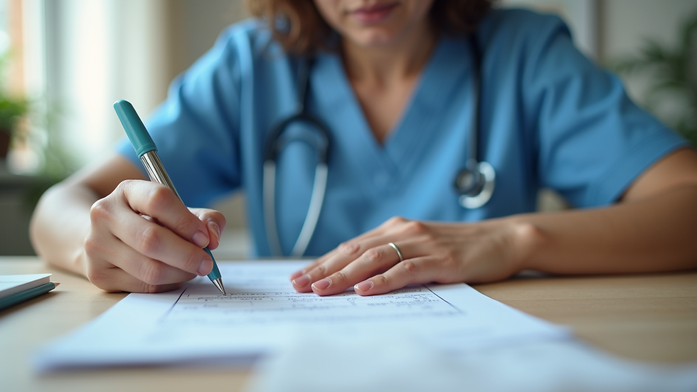 Close-up view of a caregiver filling out elder care documentation