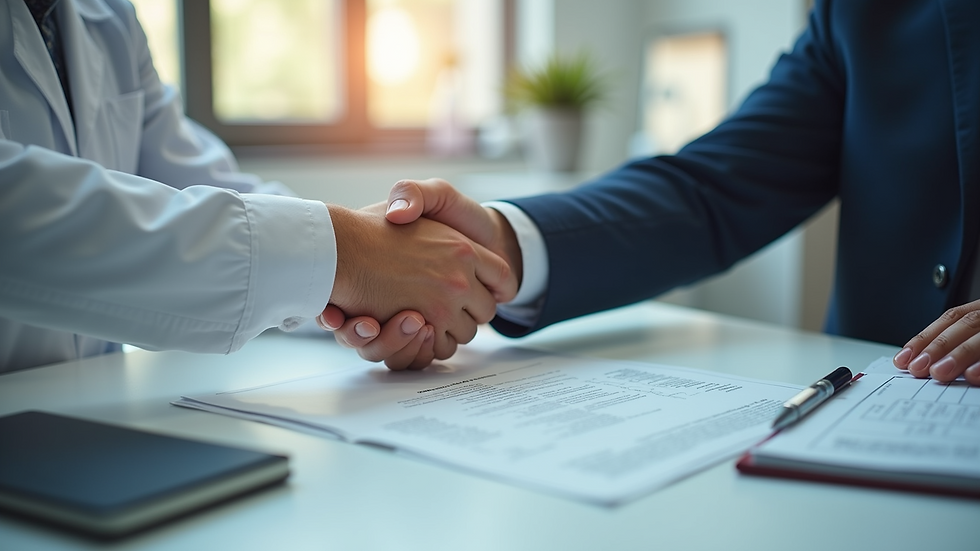 High angle view of a handshake over a dental office contract
