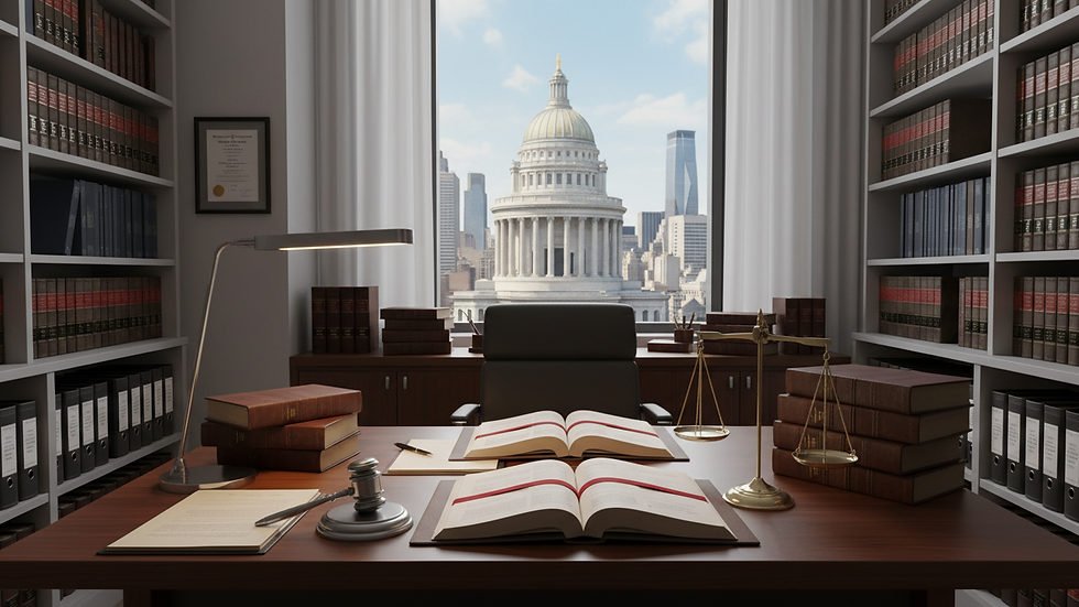 Eye-level view of a lawyer’s office with legal books and documents on the desk