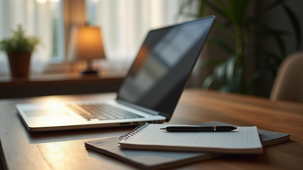 Close-up view of a cozy home office setup with a laptop and a notebook