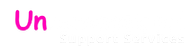 Unconventional support services logo which says unconventional support services. The font colour of the U, N in unconventional is bright magenta while the rest of the writing is white.