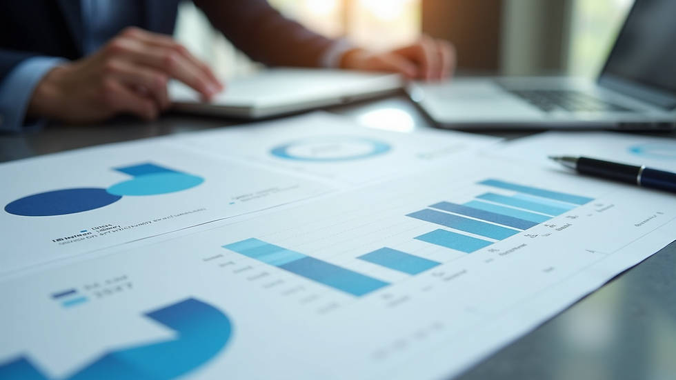 Close-up view of a financial planner's desk with charts and graphs