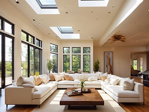 bright luxury home living room , white couches, ceiling skylights, wood flooring.jpg
