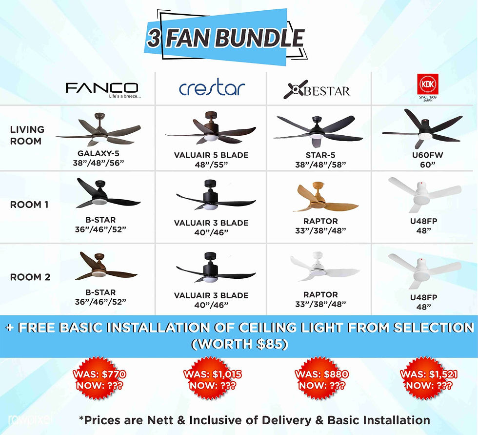 Ceiling Fan with Light Package Fanco Bestar KDK Crestar Alaska Aeroair