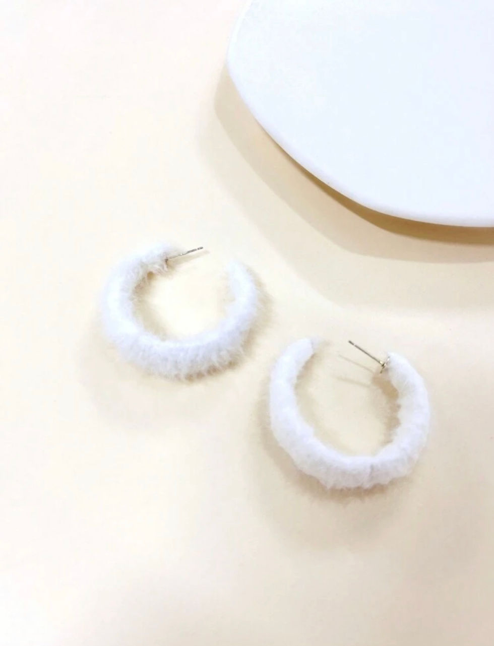 Thumbnail: White Fluffy Hoop Earrings