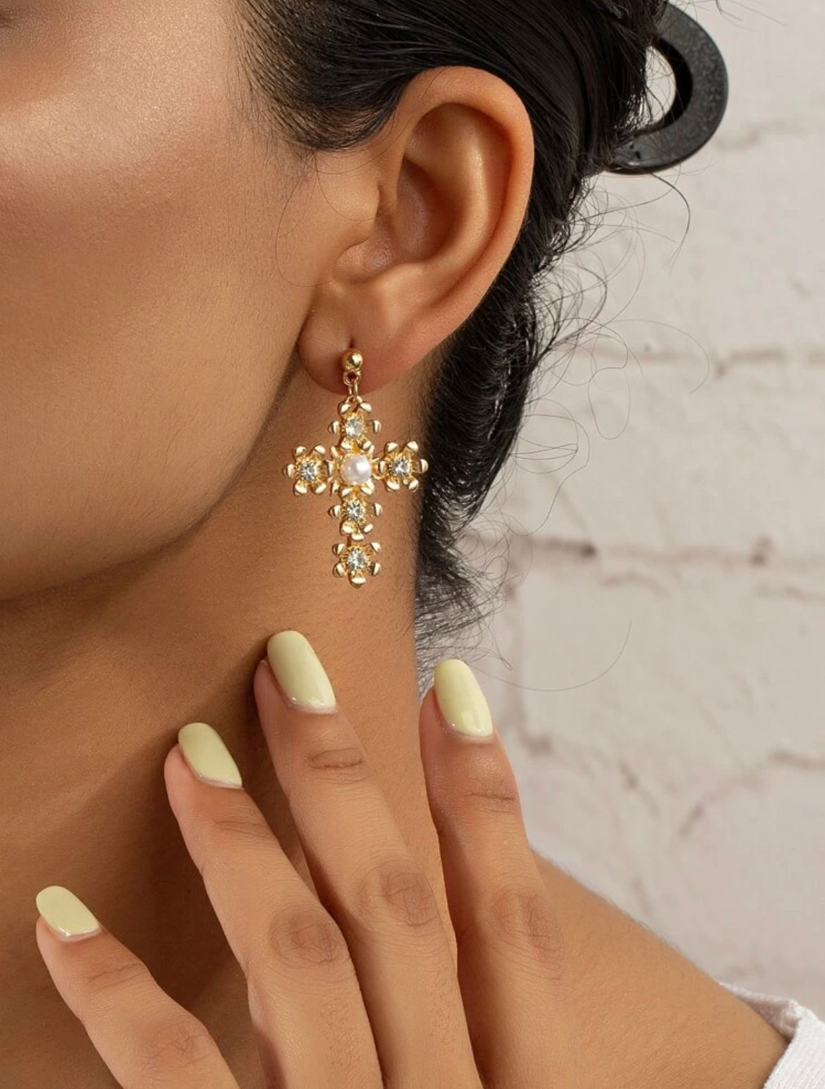 Cross With Faux Pearl Centre Drop Earrings