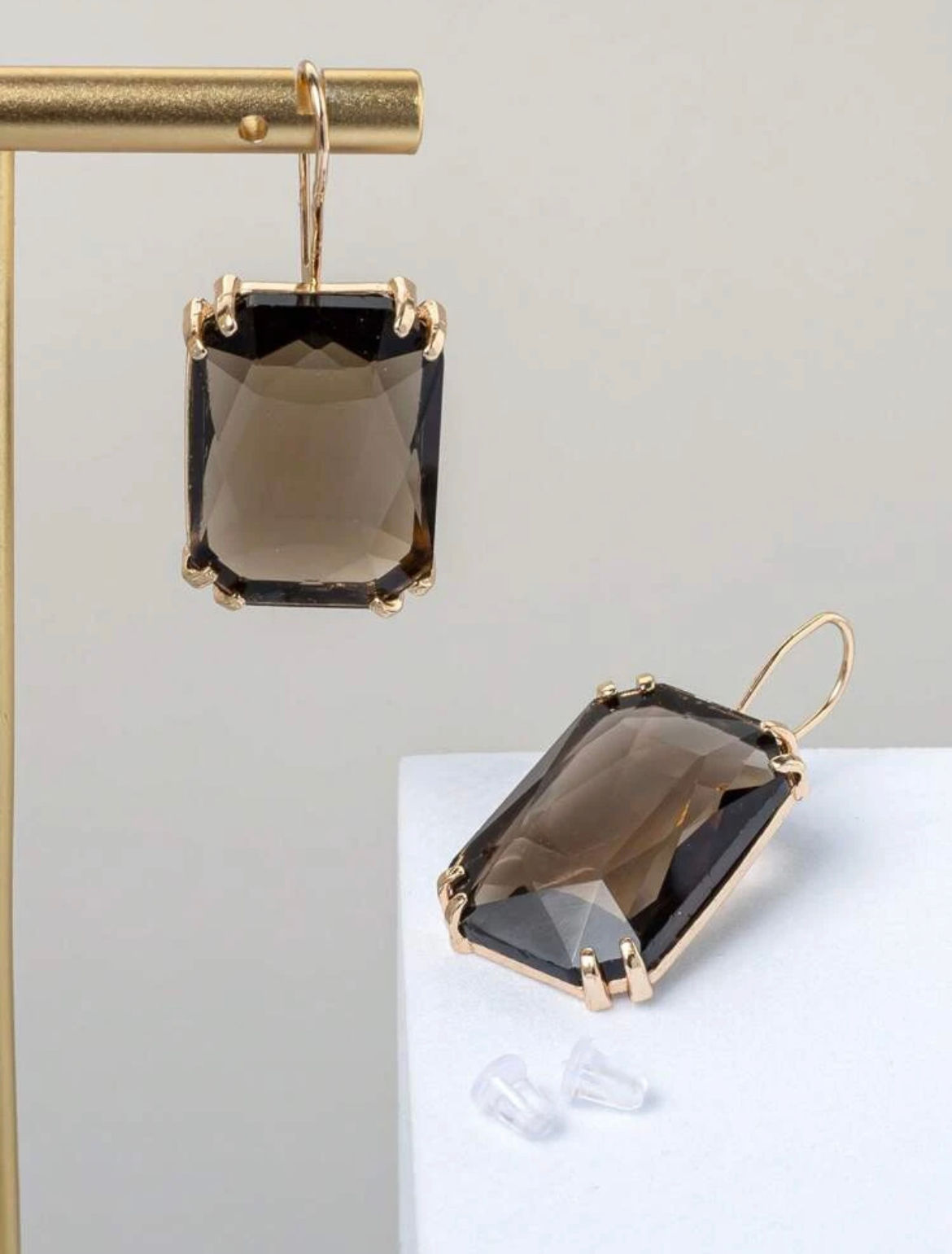 Brown Rectangle Glass Earrings