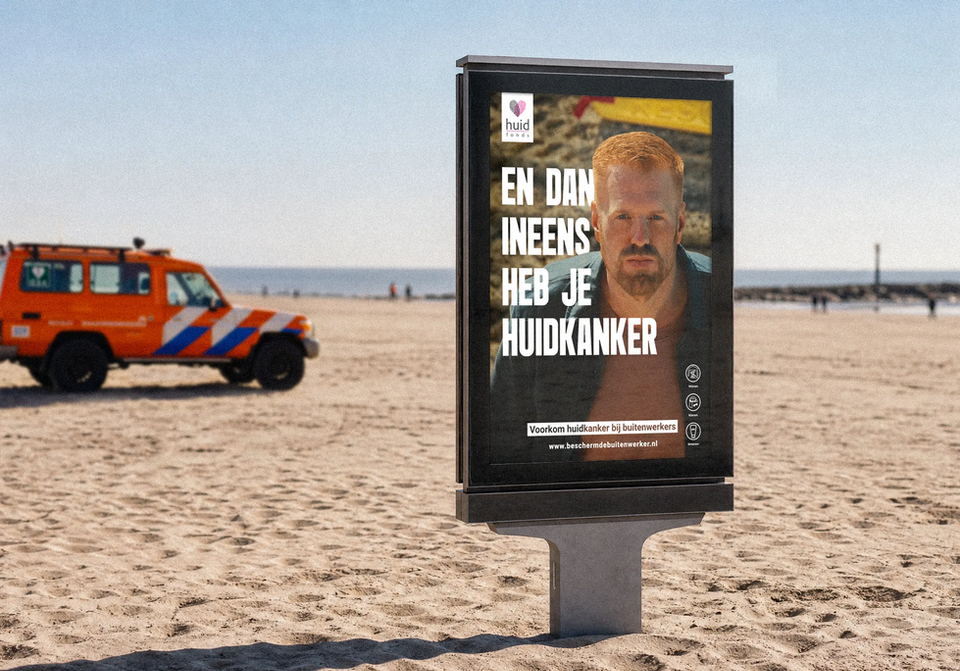 Visuals ontwerpen voor een campagne over het verhoogde risico op huidkanker bij buitenwerkers.