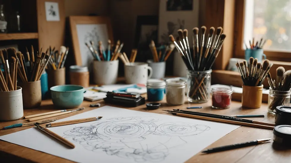 Close-up view of an artist's workspace with sketches and paintbrushes