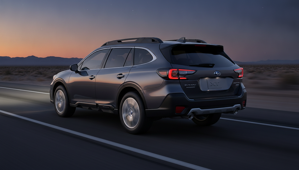 Gray Subaru Outback XT drives on a desert highway at dusk, taillights glowing against a sunset sky.
