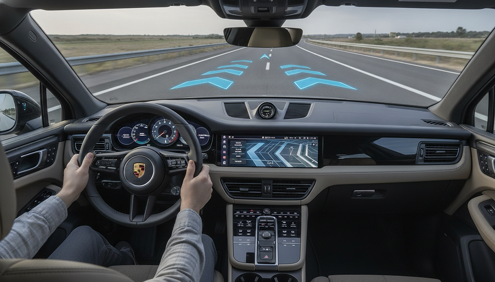 Driver in a Porsche uses a lane-assist HUD on an empty highway, with blue arrows projected on the windshield and a sleek dashboard.