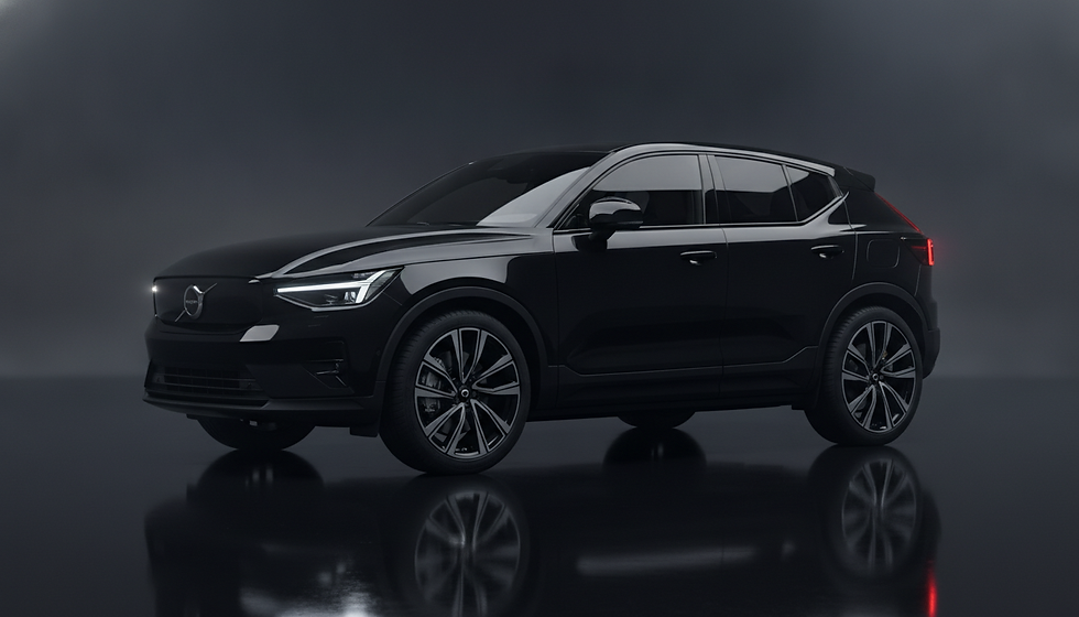 Black Volvo SUV in a dark studio, side view with glossy reflection and red rear light.