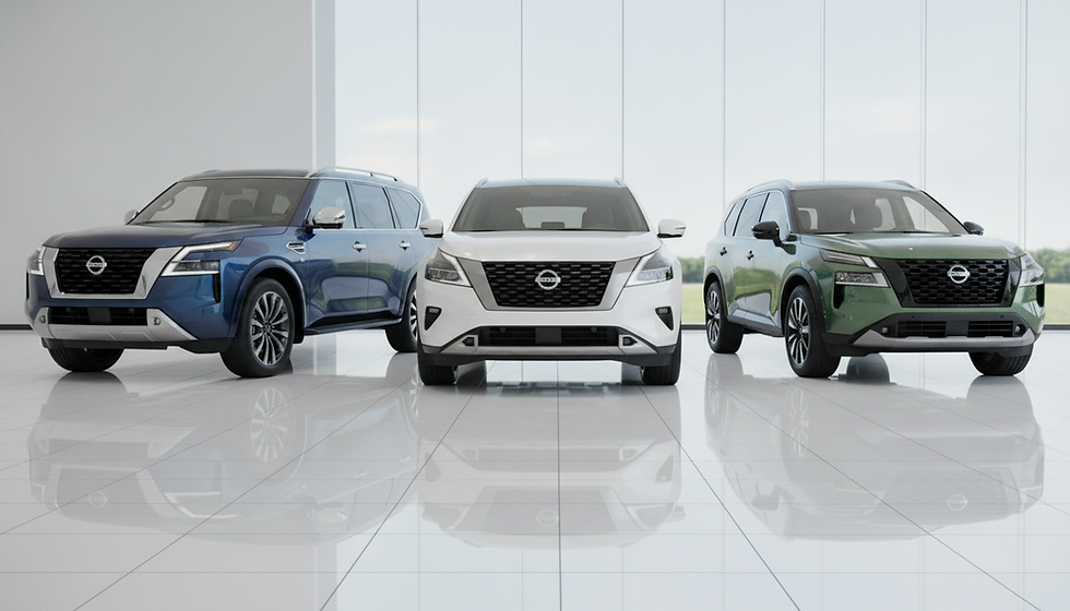 Three Nissan SUVs in a bright showroom, blue, white and green, lined up on a glossy floor with large windows.