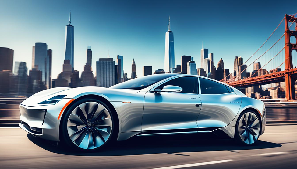 Sleek silver car speeding on a city road with skyline and bridge in the background. Bright blue sky, modern design, dynamic feel.