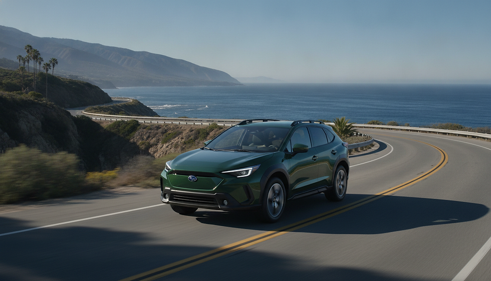 Green Subaru SUV drives along a winding coastal road beside the ocean and mountains under a clear blue sky.