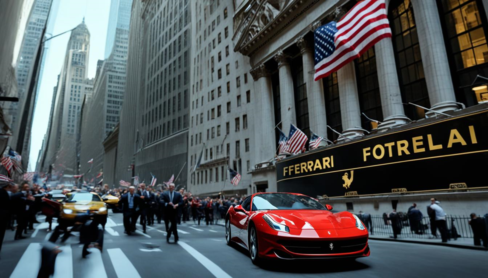 Red sports car on a busy city street, surrounded by people and taxis. Skyscrapers and American flags in the background, creating a dynamic scene.
