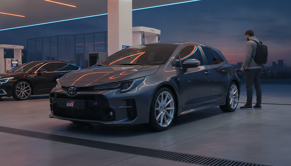 Dark gray Toyota GR hatchback charges at dusk in a sleek station as a man with a backpack plugs it in. GR badge.
