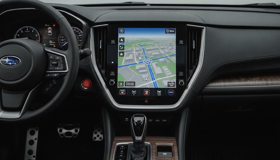 Subaru SUV dashboard with steering wheel and large navigation screen showing a map, black interior and wood trim.