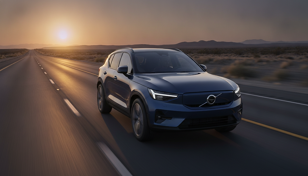 Blue Volvo SUV driving on a пуст? no need English. Blue Volvo SUV driving on a desert highway at sunset, with long road and mountains in the background.