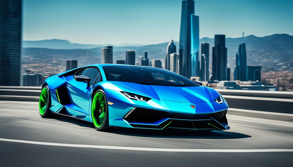Sleek blue sports car with green rims speeding through a cityscape, tall skyscrapers in the background, under a clear blue sky.