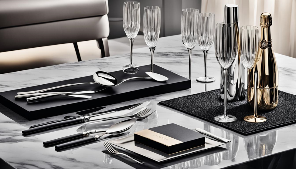 Elegant table setting with champagne, glasses, cutlery on marble table. Sophisticated mood, black and gold details, "Art of Gifting" book.