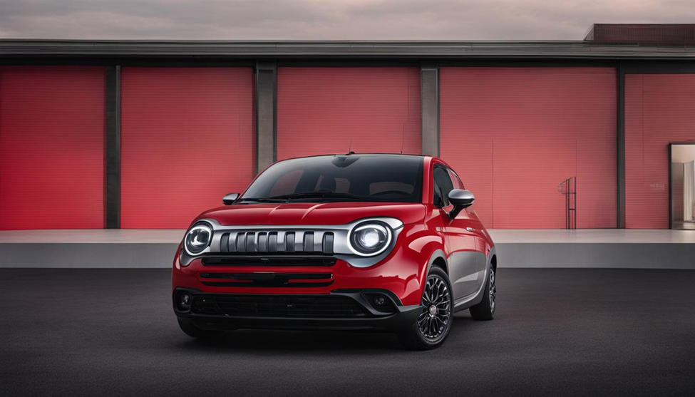 Red car with bold headlights parked in front of red building with closed shutters. The scene feels sleek and modern under overcast sky.