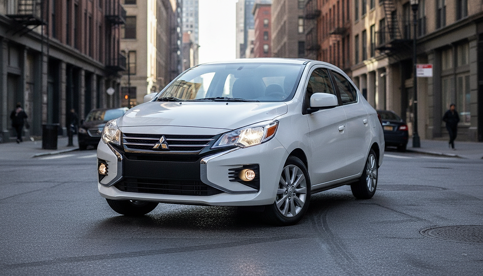 White Mitsubishi sedan with headlights on driving through a city street between tall buildings, urban and calm mood