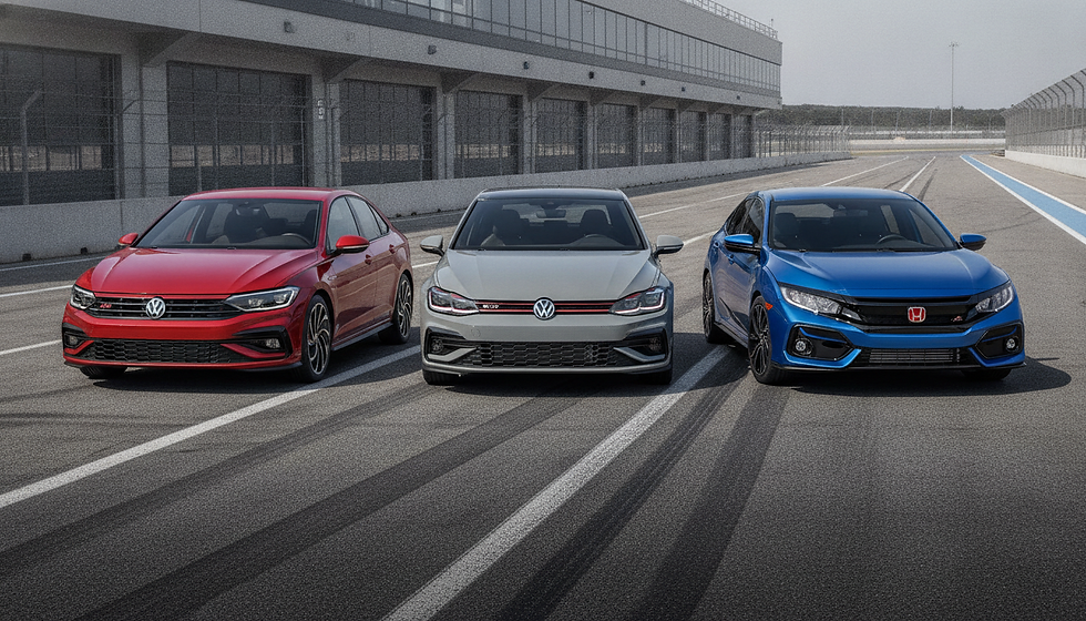 Red and gray Volkswagen sedans and a blue Honda Civic line up on a racetrack, front view, with pit buildings in back.