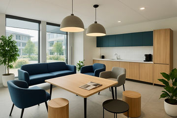 Kitchen and collaborative workspace in St Neots with timber finishes and pendant lighting.