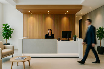 Reception area in Cambridge with timber slat detailing and soft grey desk design.
