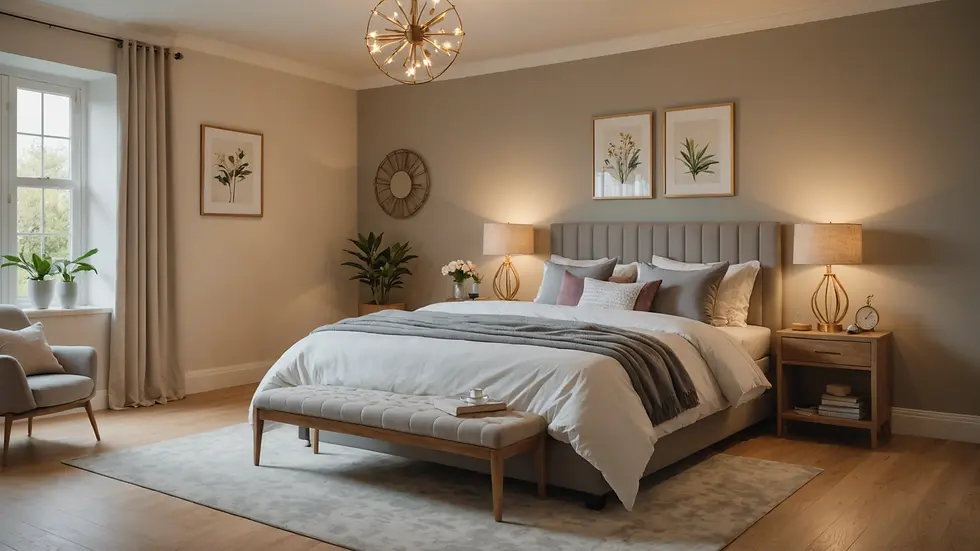 Eye-level view of a tranquil bedroom with soft lighting and calming decor.
