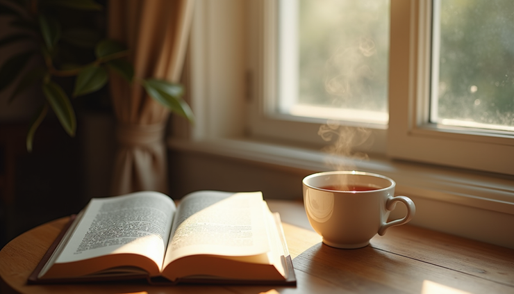 Eye-level view of a cozy reading nook with a book and a cup of tea on a wooden table