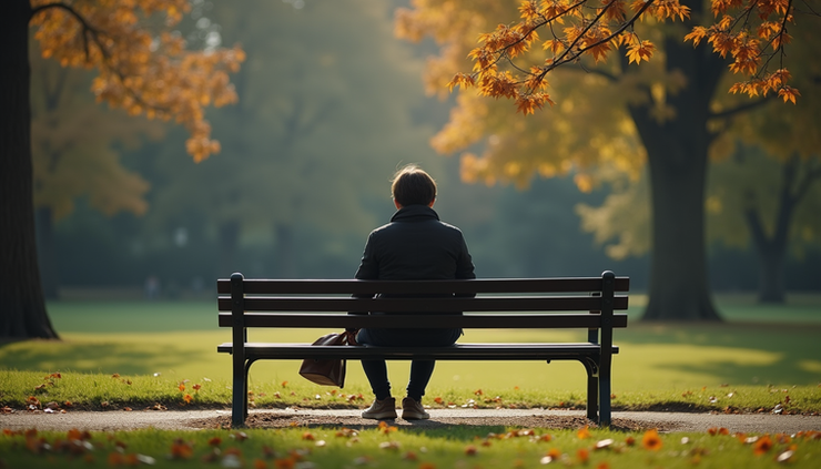 Eye-level view of a person sitting alone on a park bench looking thoughtful