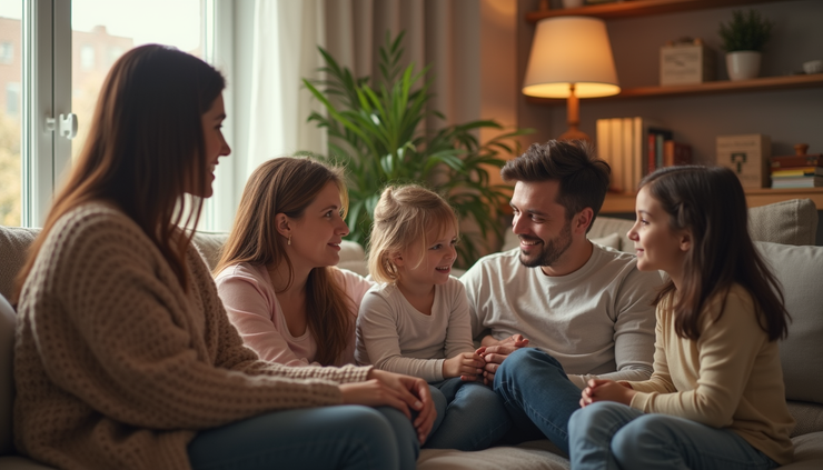 Eye-level view of a family sitting together in a cozy living room, engaged in conversation