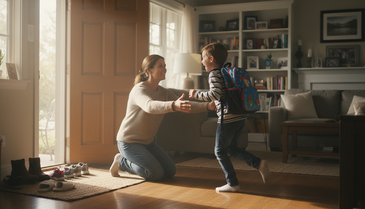 Eye-level view of a parent welcoming a child at the front door