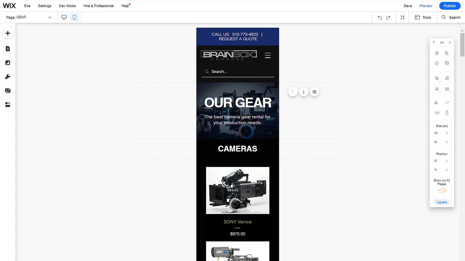 Website design editor on Wix for mobile devices, for Brainbox Cameras, in Los Angeles, California