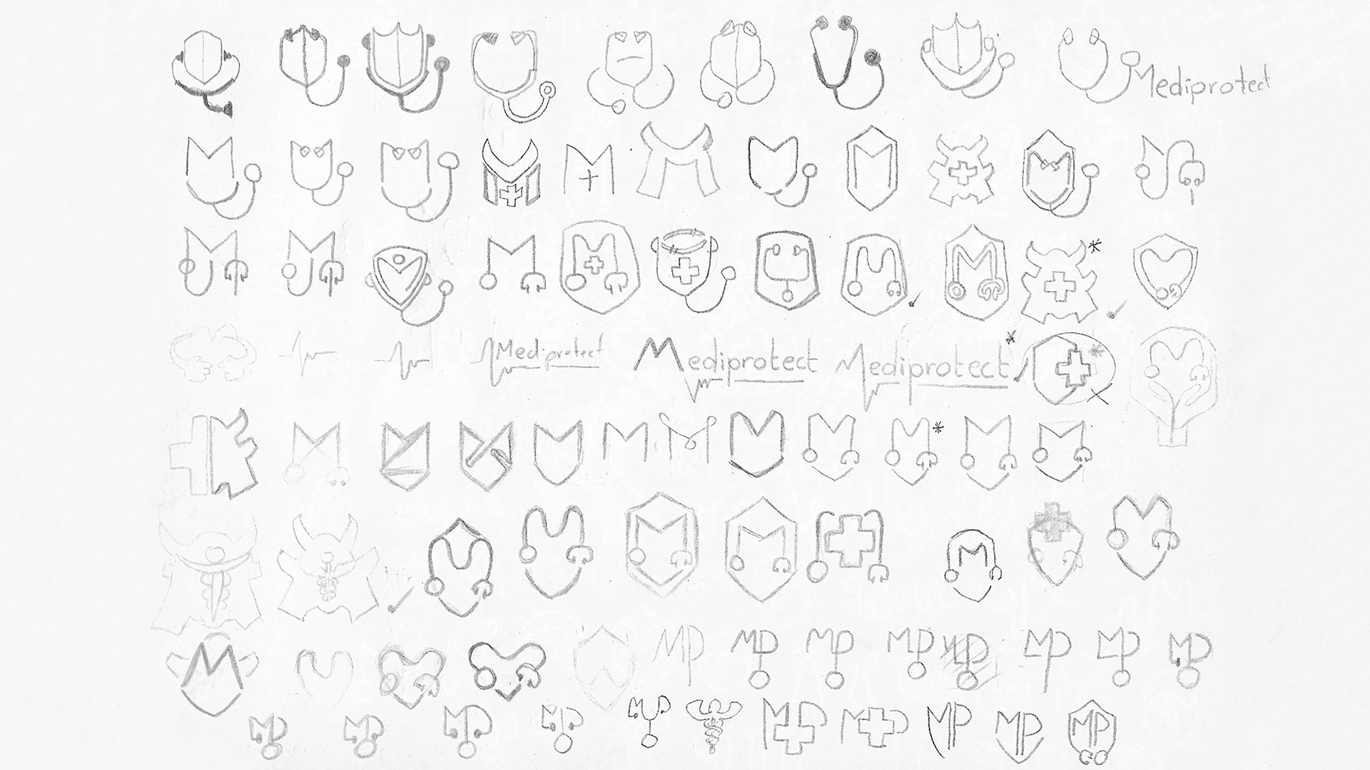 Visual identity logotype drafts for Mediprotect in Quito, Ecuador by Helicoid Studio