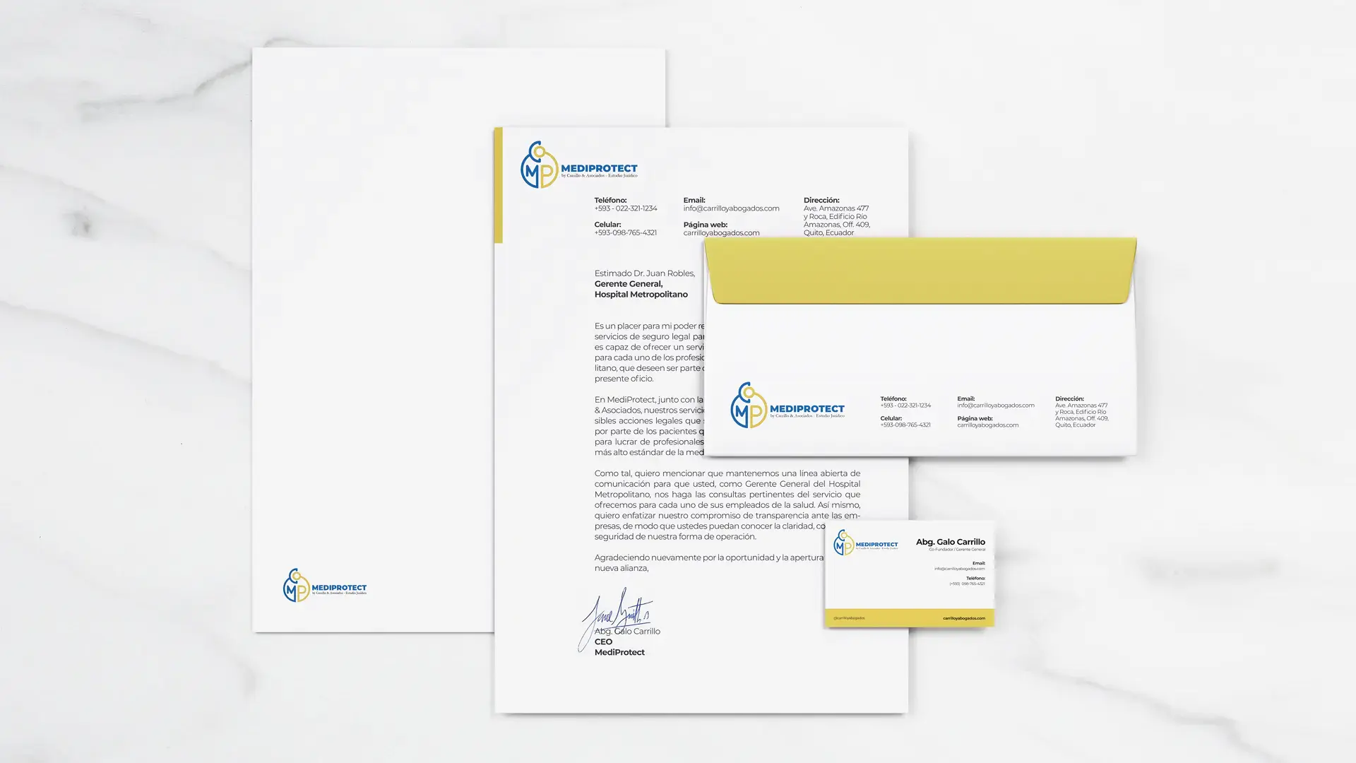 Stationery design, business card, envelope, letterhead for Mediprotect in Quito, Ecuador