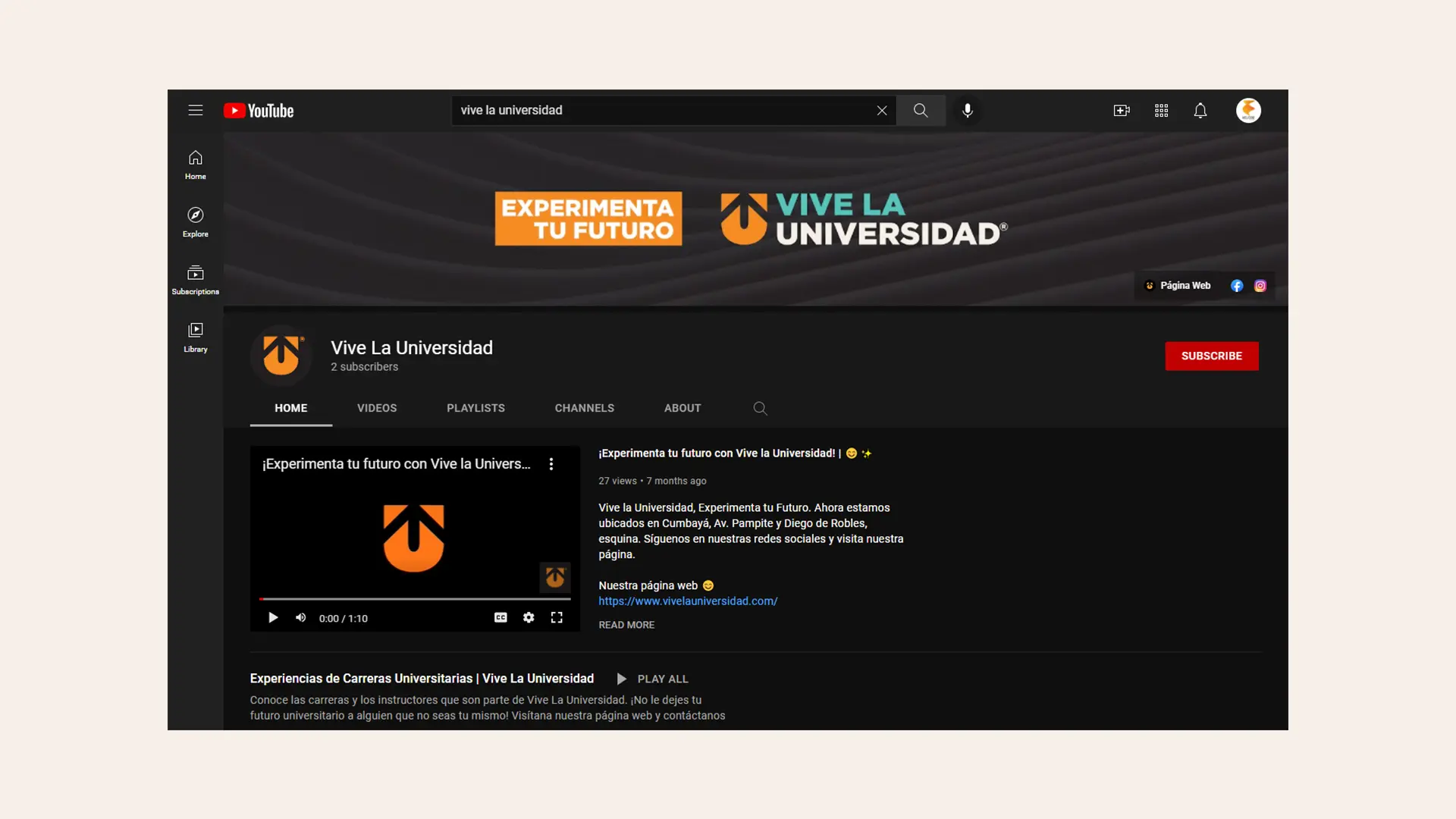Social Media strategy, YouTube, for Vive La Universidad in Quito, Ecuador by Helicoid Studio