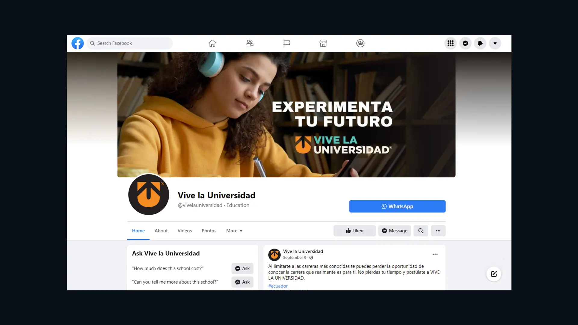 Social Media strategy, Facebook, for Vive La Universidad in Quito, Ecuador by Helicoid Studio