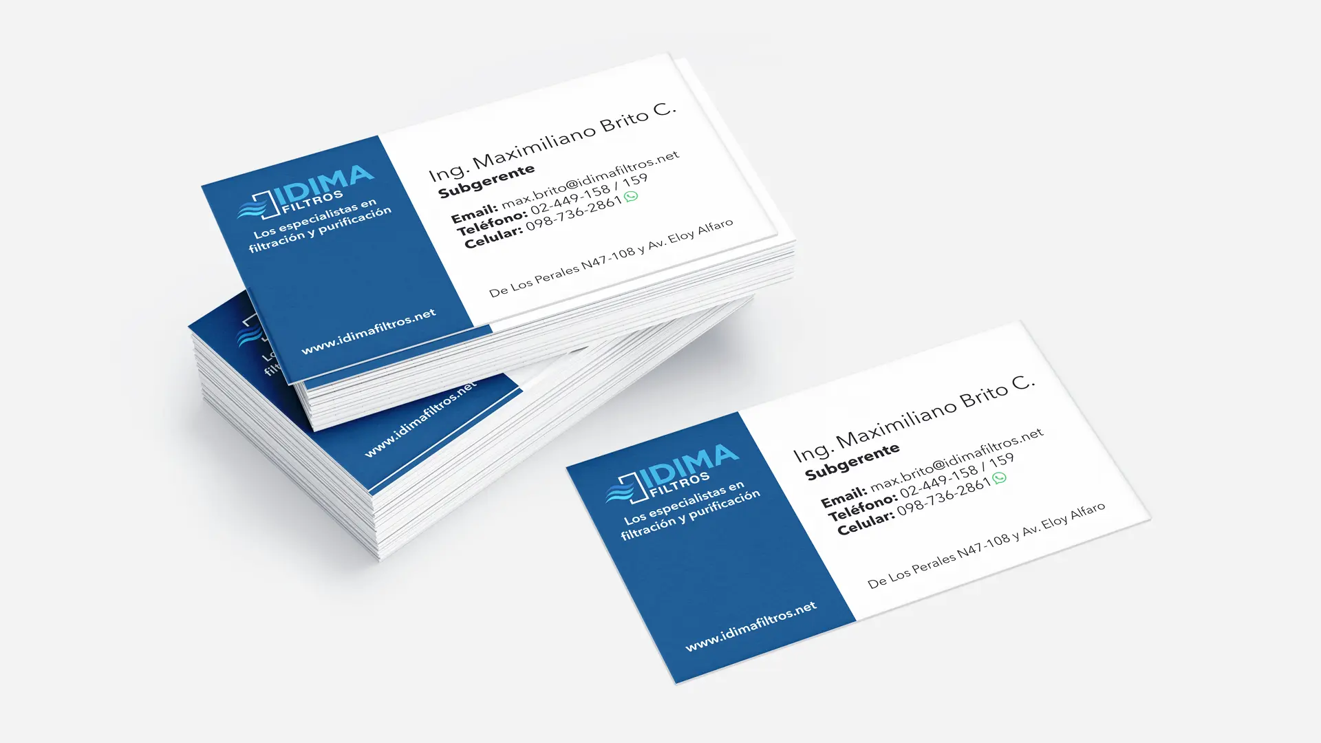 Visual identity applied on business card designs for IDIMA CIA. LTDA. in Quito, Ecuador