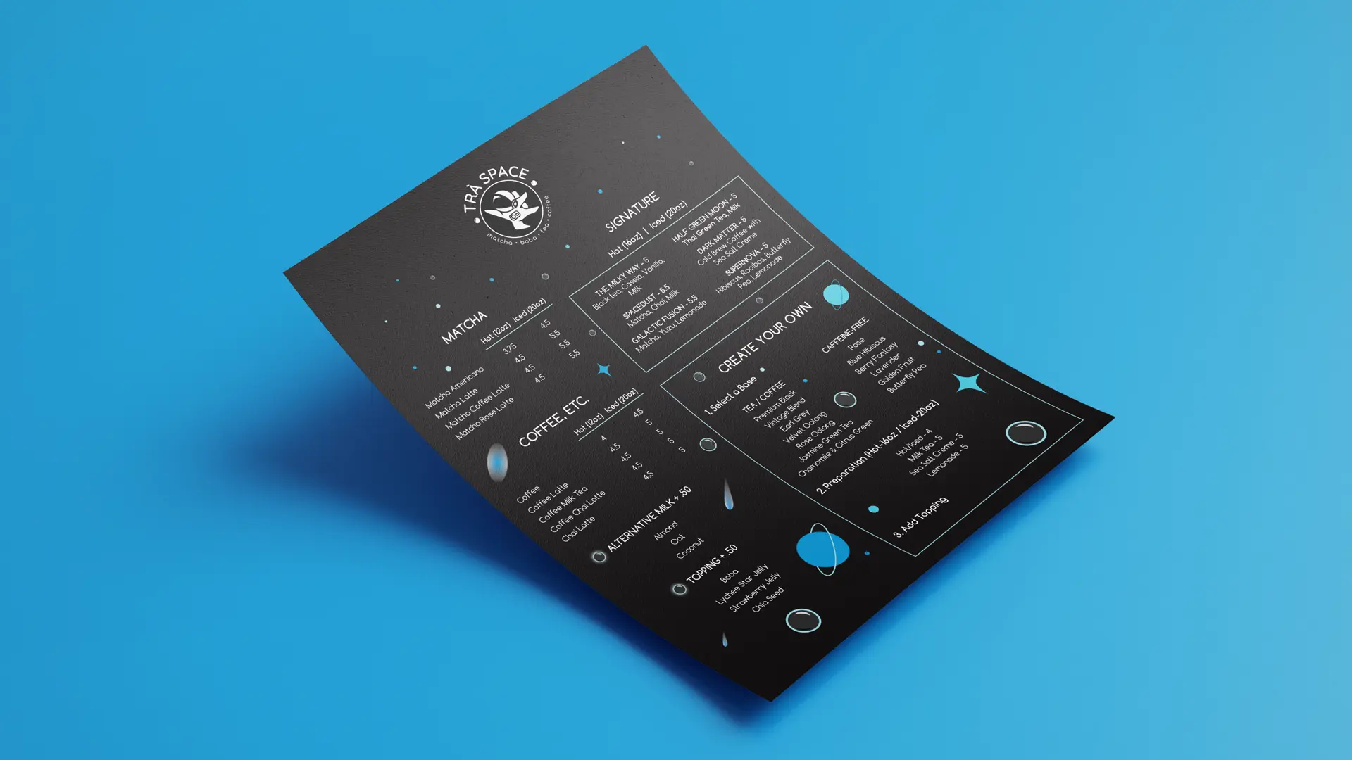 Graphic design and menu design for Tra Space in Culver CIty and Orange County, California