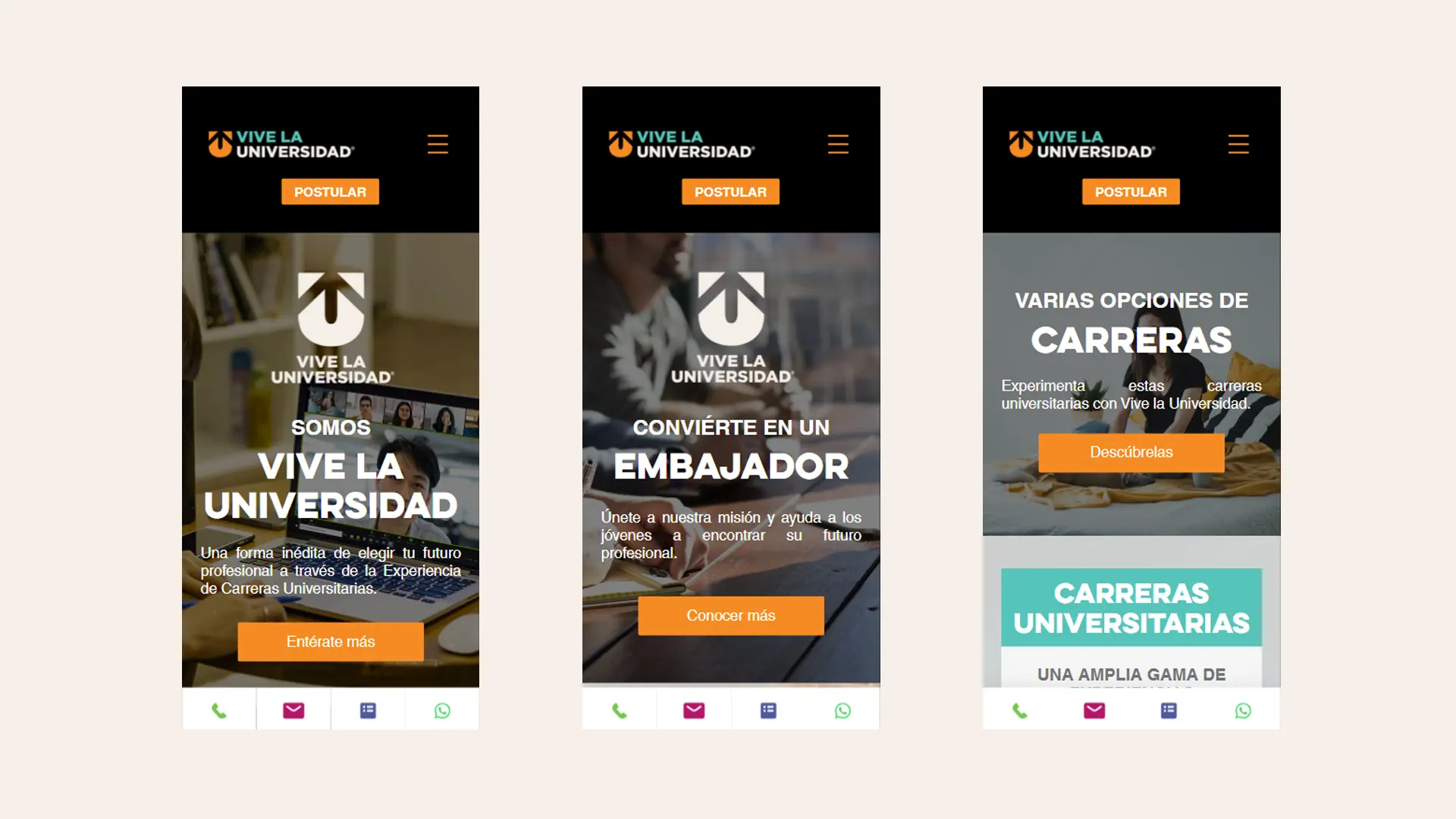 Website design, movile version, for Vive La Universidad in Quito, Ecuador by Helicoid Studio