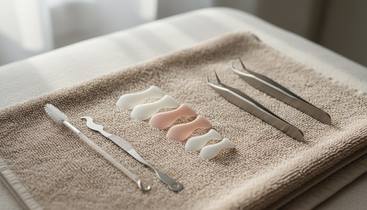 Eye-level view of a lash tray and silicone lift shields on a clean towel