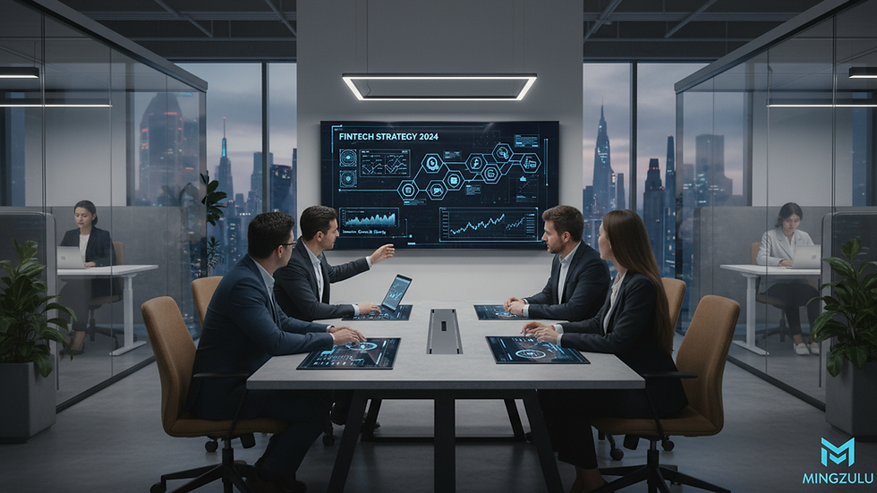 Eye-level view of a modern office with fintech strategy meeting