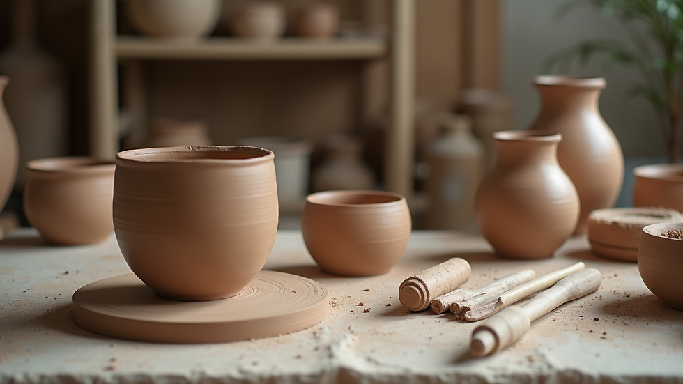 Eye-level view of a pottery studio workspace with clay tools and unfinished pots