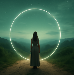 "Femme sur un chemein et devant un cercle lumineux symbolisant l'inconscient"