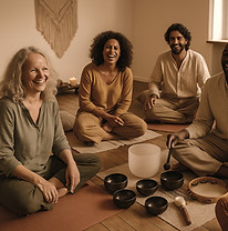 "Personnes souriantes assises en cercle dans une salle de pratique d'un atelier holistique avec intruments intuitifs."